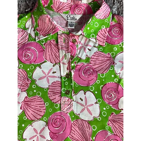 Lilly Pulitzer Women's Small Sea Shell Polo Style Shirt Green/Pinks/White - Picture 1 of 5